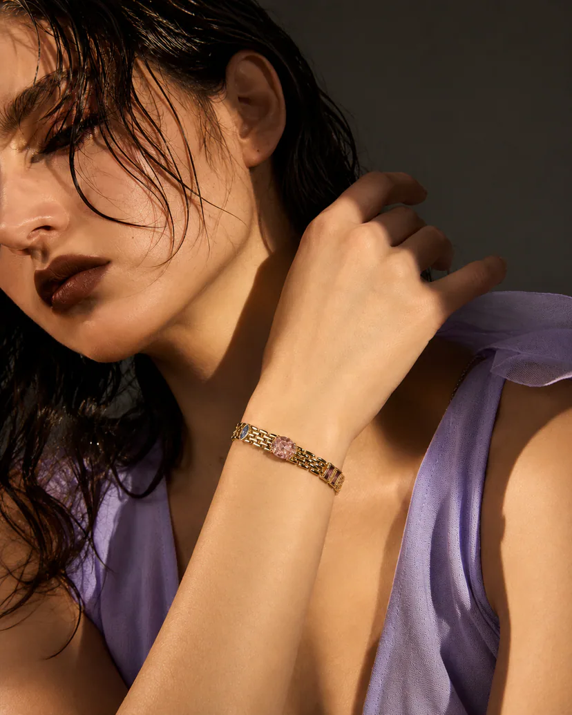 Pink Spectrum Link Bracelet in 18k gold vermeil worn against reference-derived lilac fabric